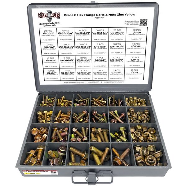 Boltsandnuts.Com Inch Grade 8 Hex Flange Frame Bolts & Lock Nuts Yellow Assortment - 352PCS Assortment Kit #104 - main